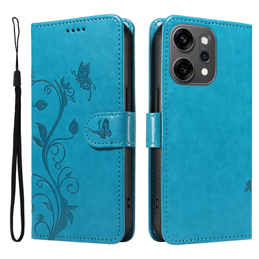For Oppo Reno14 Pro 5G (China) / Oppo Reno14 Pro 5G (Global) PU Leather Cases Flower Pattern Wallet Stand Phone Cover with Strap - Blue