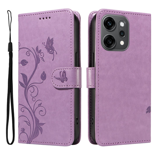 For Oppo Reno14 Pro 5G (China) / Oppo Reno14 Pro 5G (Global) PU Leather Cases Flower Pattern Wallet Stand Phone Cover with Strap -  Light Purple