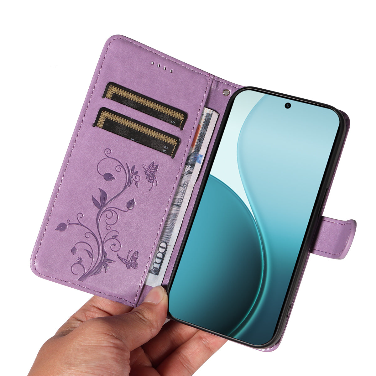 For Oppo Reno14 Pro 5G (China) / Oppo Reno14 Pro 5G (Global) PU Leather Cases Flower Pattern Wallet Stand Phone Cover with Strap -  Light Purple