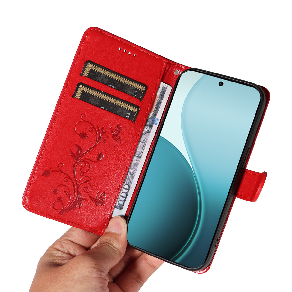 For Oppo Reno14 Pro 5G (China) / Oppo Reno14 Pro 5G (Global) PU Leather Cases Flower Pattern Wallet Stand Phone Cover with Strap - Red