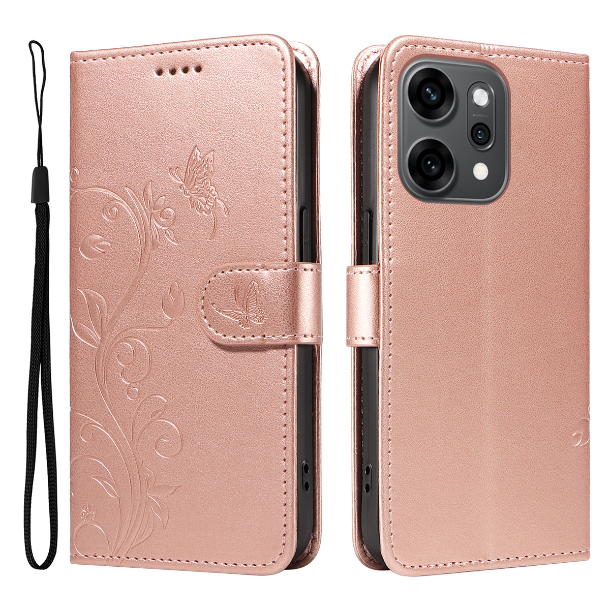 For Oppo Reno14 Pro 5G (China) / Oppo Reno14 Pro 5G (Global) PU Leather Cases Flower Pattern Wallet Stand Phone Cover with Strap - Rose Gold