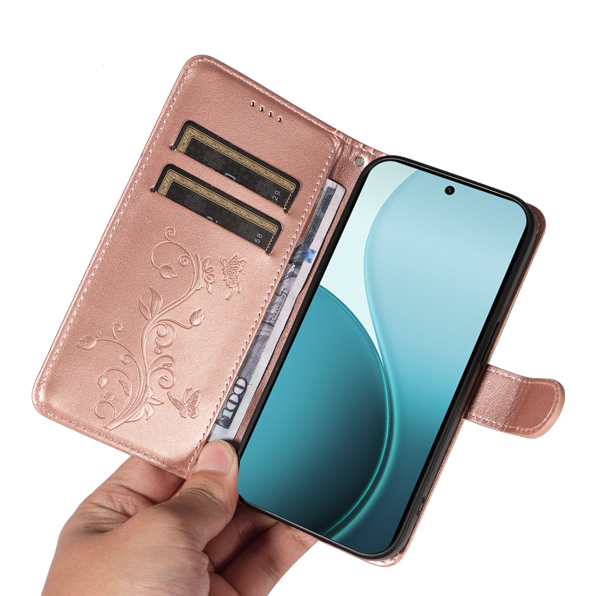 For Oppo Reno14 Pro 5G (China) / Oppo Reno14 Pro 5G (Global) PU Leather Cases Flower Pattern Wallet Stand Phone Cover with Strap - Rose Gold