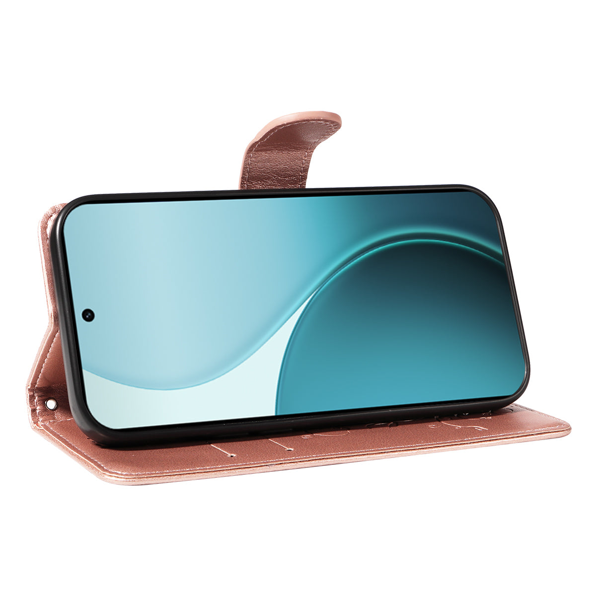 For Oppo Reno14 Pro 5G (China) / Oppo Reno14 Pro 5G (Global) PU Leather Cases Flower Pattern Wallet Stand Phone Cover with Strap - Rose Gold