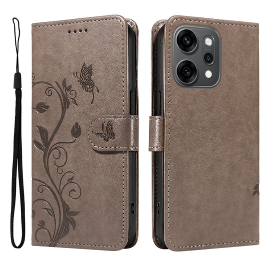 For Oppo Reno14 Pro 5G (China) / Oppo Reno14 Pro 5G (Global) PU Leather Cases Flower Pattern Wallet Stand Phone Cover with Strap - Grey