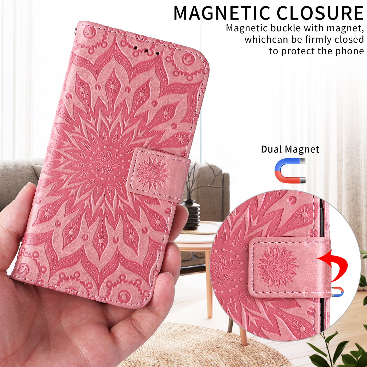 For Oppo Reno14 Pro 5G (China) / Oppo Reno14 Pro 5G (Global) Leather Wallet Case Sunflower Imprinted Phone Cover - Pink