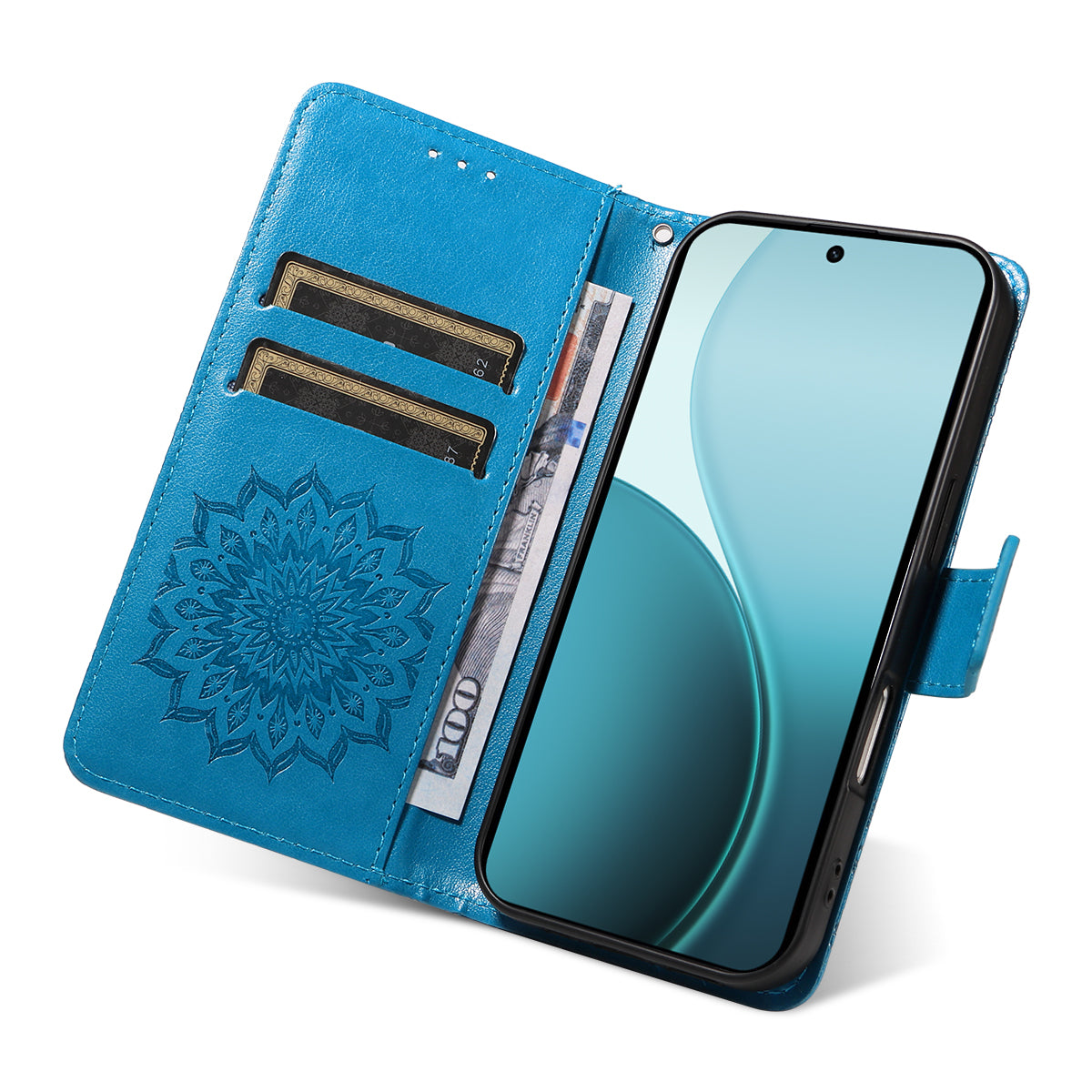 For Oppo Reno14 Pro 5G (China) / Oppo Reno14 Pro 5G (Global) Leather Wallet Case Sunflower Imprinted Phone Cover - Blue