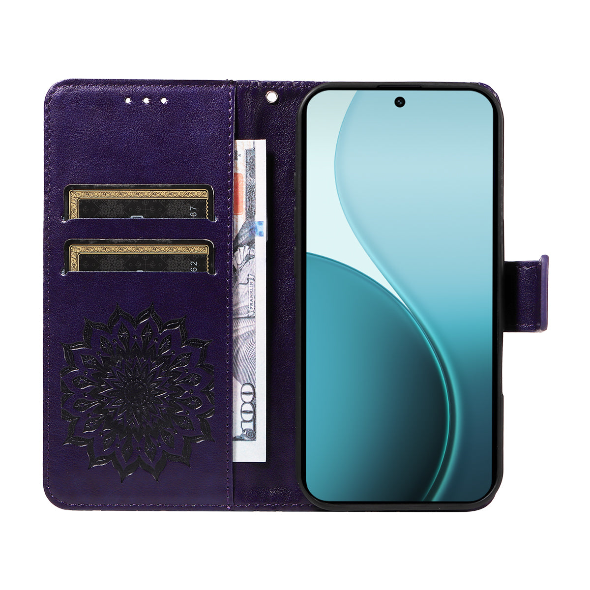 For Oppo Reno14 Pro 5G (China) / Oppo Reno14 Pro 5G (Global) Leather Wallet Case Sunflower Imprinted Phone Cover - Purple