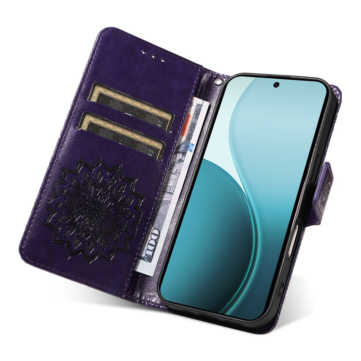 For Oppo Reno14 Pro 5G (China) / Oppo Reno14 Pro 5G (Global) Leather Wallet Case Sunflower Imprinted Phone Cover - Purple