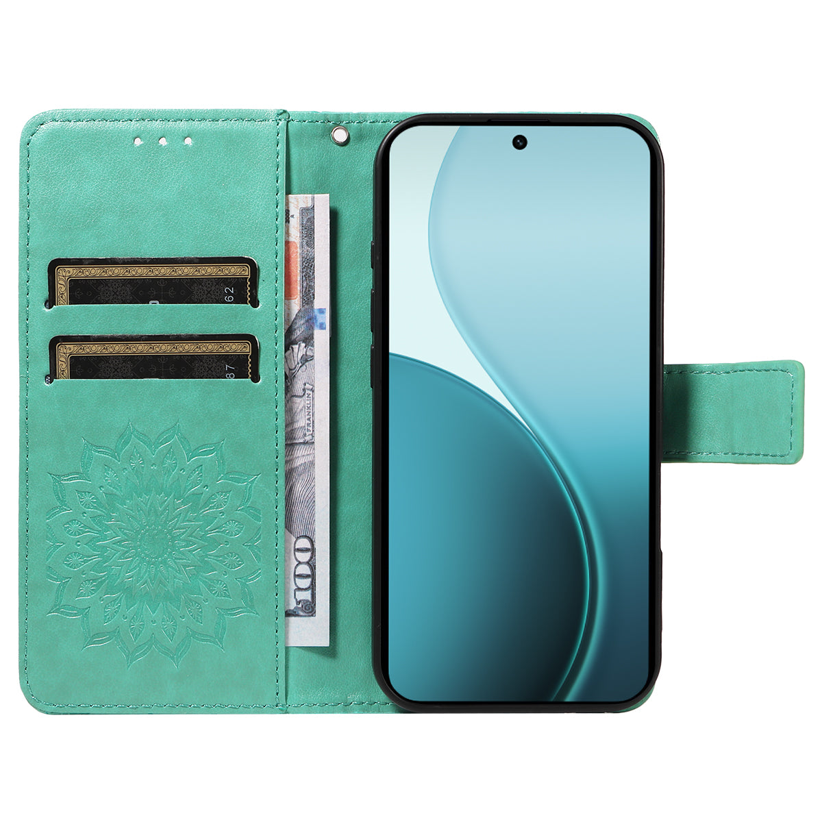 For Oppo Reno14 Pro 5G (China) / Oppo Reno14 Pro 5G (Global) Leather Wallet Case Sunflower Imprinted Phone Cover - Green