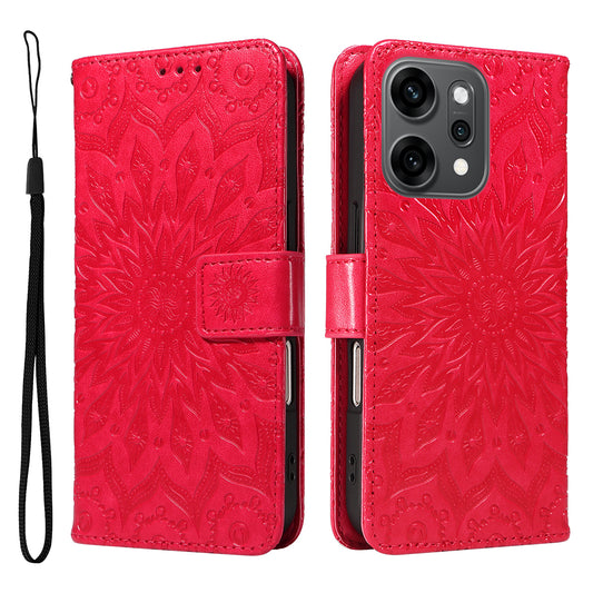 For Oppo Reno14 Pro 5G (China) / Oppo Reno14 Pro 5G (Global) Leather Wallet Case Sunflower Imprinted Phone Cover - Red