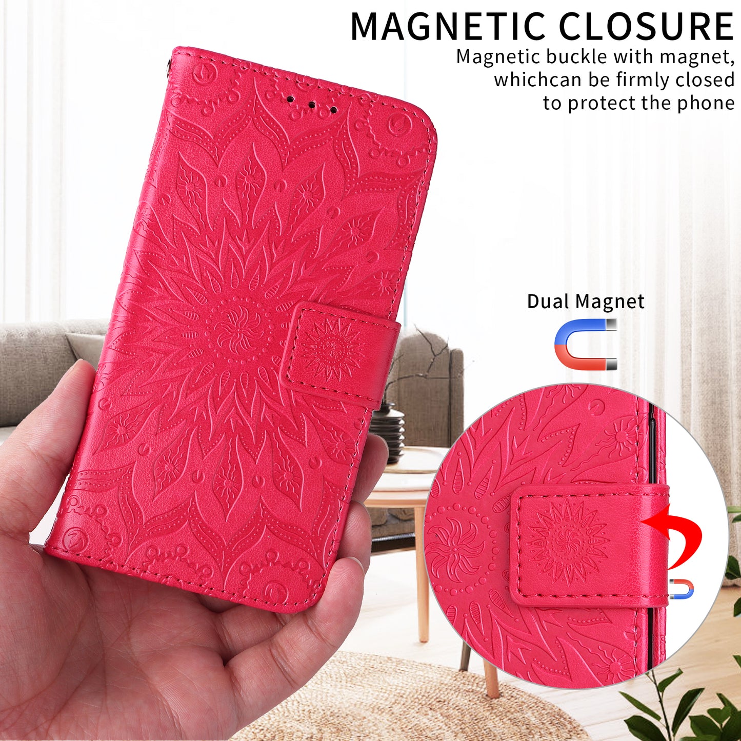 For Oppo Reno14 Pro 5G (China) / Oppo Reno14 Pro 5G (Global) Leather Wallet Case Sunflower Imprinted Phone Cover - Red
