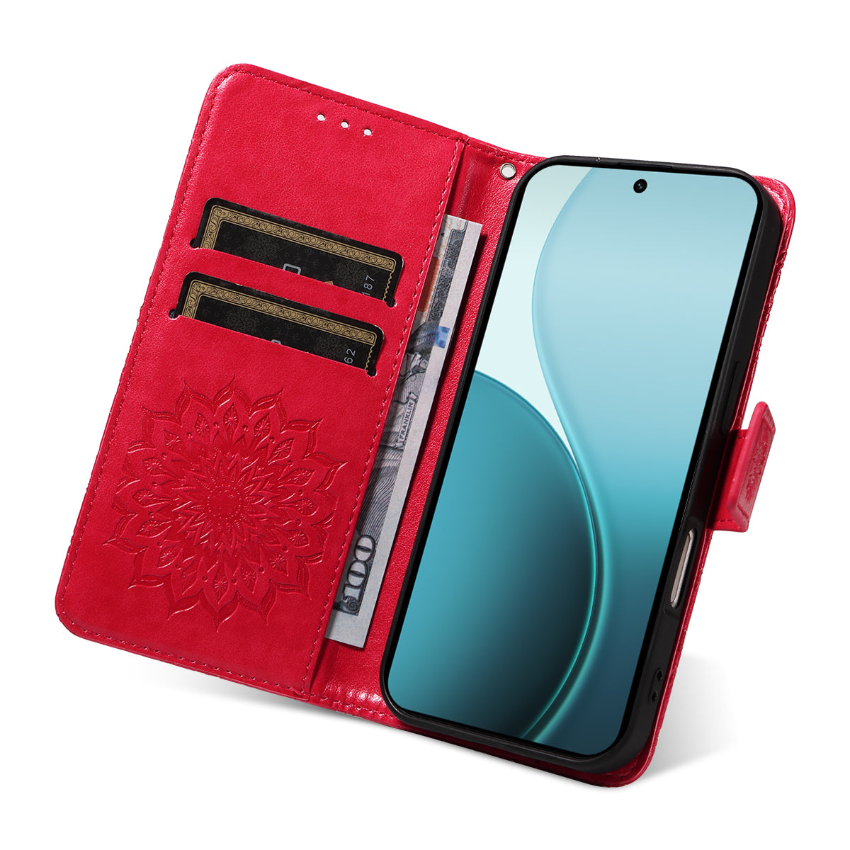 For Oppo Reno14 Pro 5G (China) / Oppo Reno14 Pro 5G (Global) Leather Wallet Case Sunflower Imprinted Phone Cover - Red