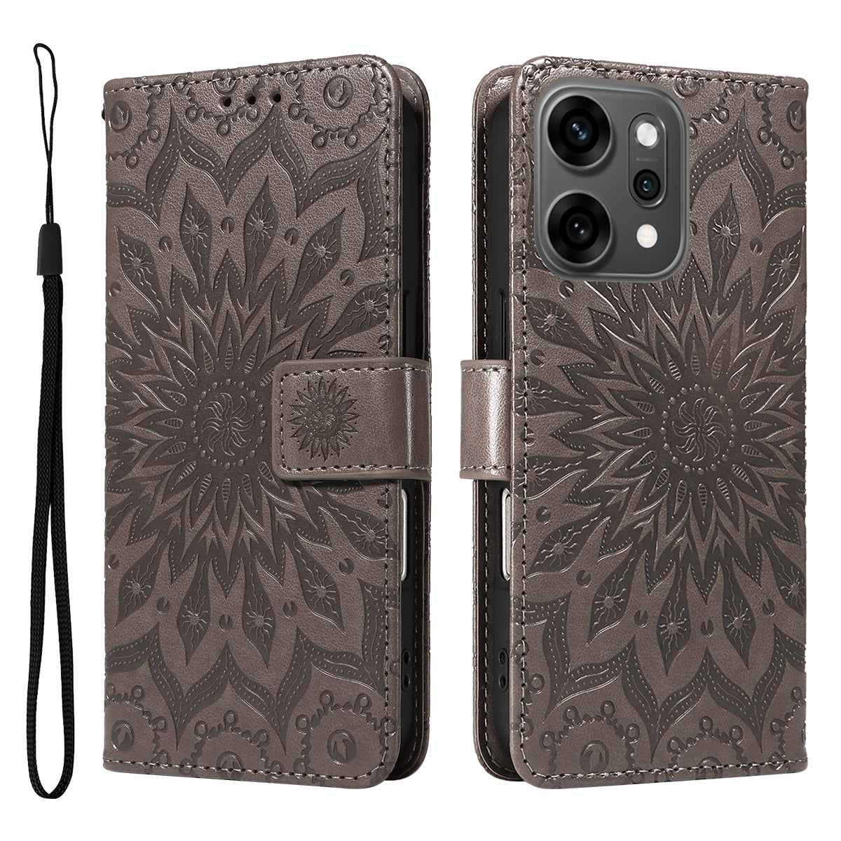 For Oppo Reno14 Pro 5G (China) / Oppo Reno14 Pro 5G (Global) Leather Wallet Case Sunflower Imprinted Phone Cover - Grey