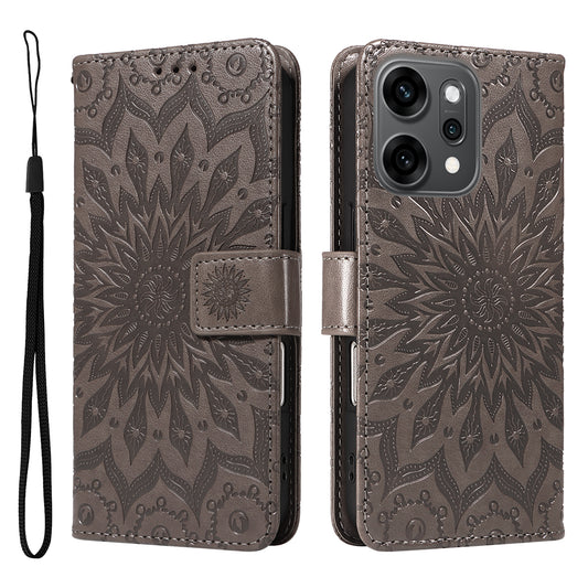 For Oppo Reno14 Pro 5G (China) / Oppo Reno14 Pro 5G (Global) Leather Wallet Case Sunflower Imprinted Phone Cover - Grey