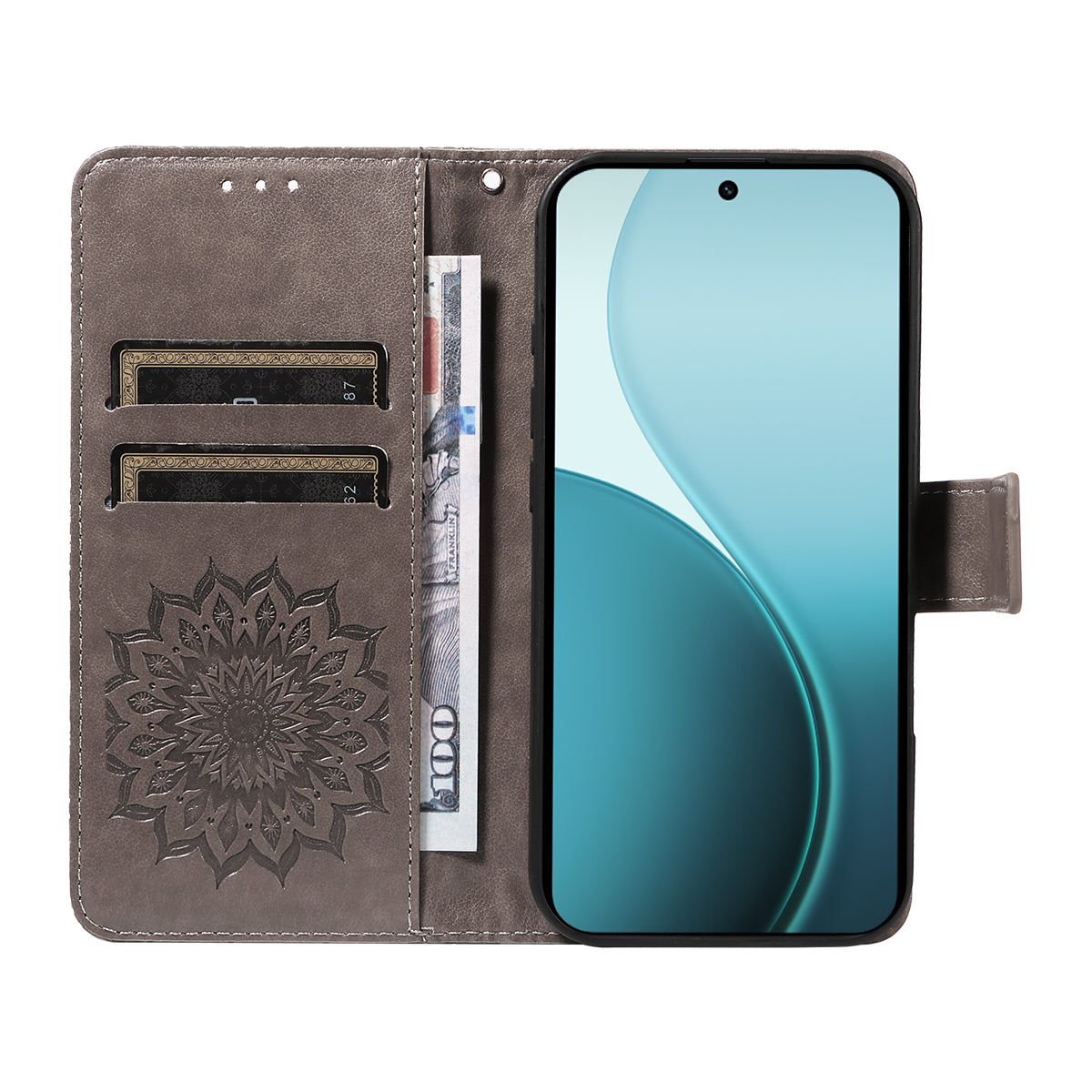For Oppo Reno14 Pro 5G (China) / Oppo Reno14 Pro 5G (Global) Leather Wallet Case Sunflower Imprinted Phone Cover - Grey