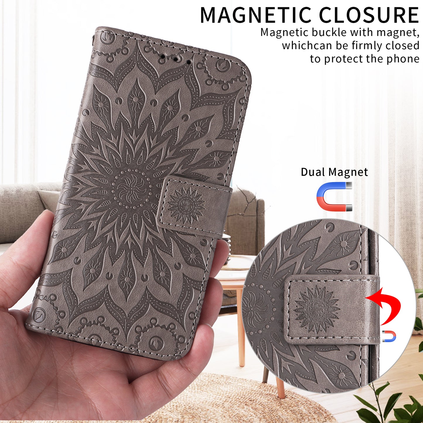 For Oppo Reno14 Pro 5G (China) / Oppo Reno14 Pro 5G (Global) Leather Wallet Case Sunflower Imprinted Phone Cover - Grey