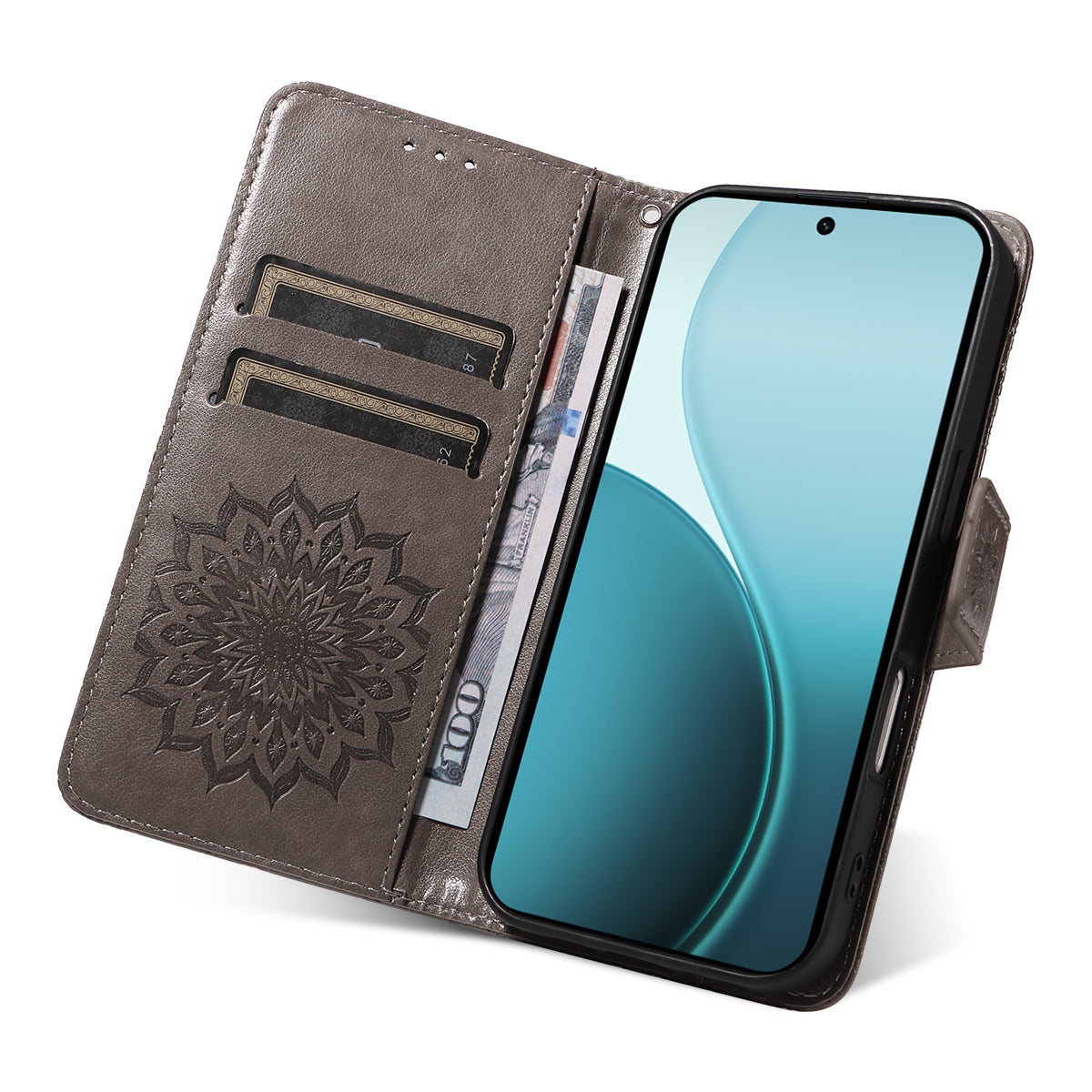 For Oppo Reno14 Pro 5G (China) / Oppo Reno14 Pro 5G (Global) Leather Wallet Case Sunflower Imprinted Phone Cover - Grey