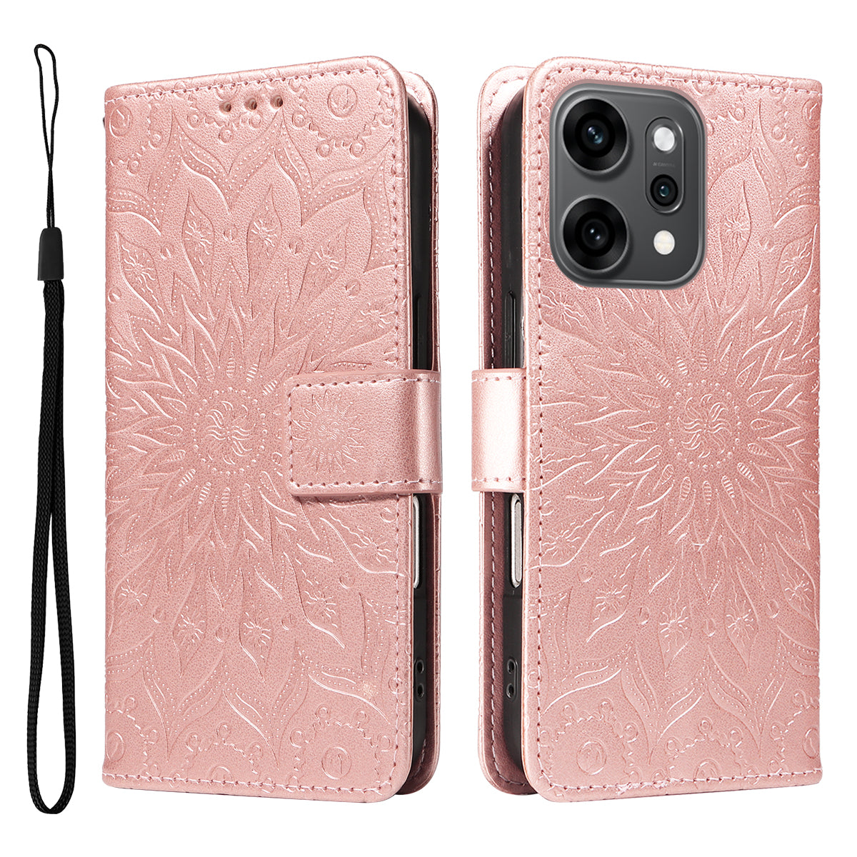 For Oppo Reno14 Pro 5G (China) / Oppo Reno14 Pro 5G (Global) Leather Wallet Case Sunflower Imprinted Phone Cover -  Rose Gold