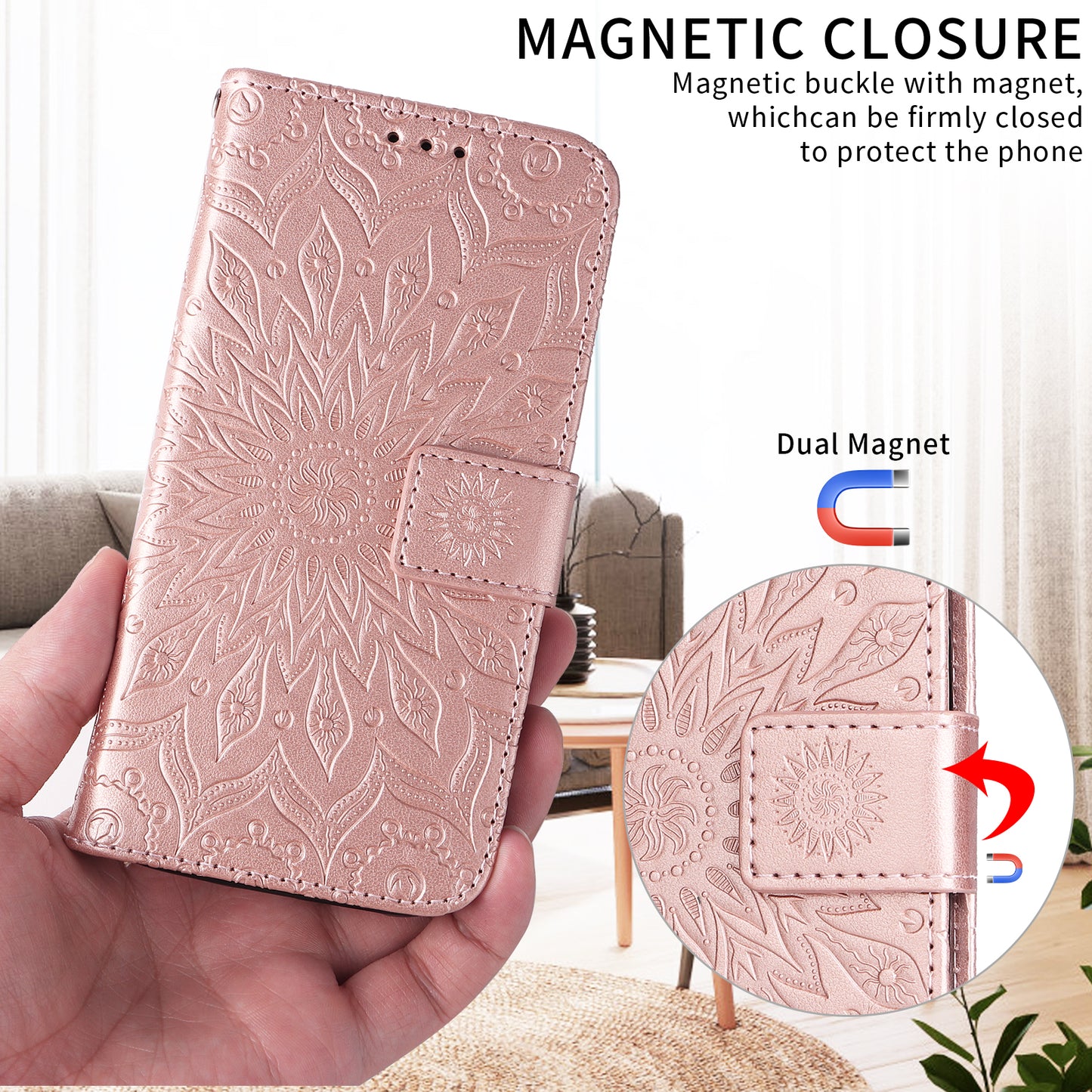 For Oppo Reno14 Pro 5G (China) / Oppo Reno14 Pro 5G (Global) Leather Wallet Case Sunflower Imprinted Phone Cover -  Rose Gold