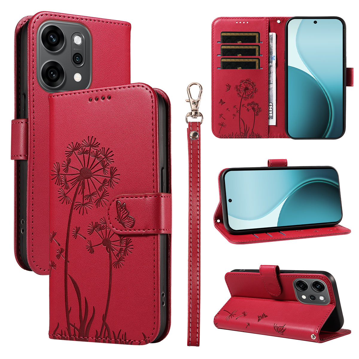 For Oppo Reno14 Pro 5G (China) / Oppo Reno14 Pro 5G (Global) Leather Wallet Case with Strap Dandelion Imprint Phone Stand Cover - Red
