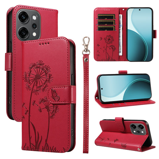 For Oppo Reno14 Pro 5G (China) / Oppo Reno14 Pro 5G (Global) Leather Wallet Case with Strap Dandelion Imprint Phone Stand Cover - Red