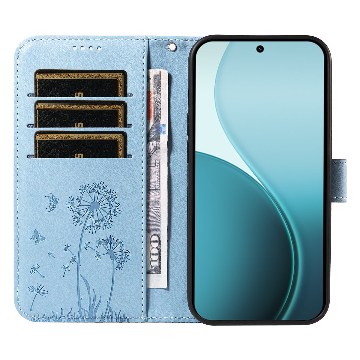 For Oppo Reno14 Pro 5G (China) / Oppo Reno14 Pro 5G (Global) Leather Wallet Case with Strap Dandelion Imprint Phone Stand Cover - Sky Blue
