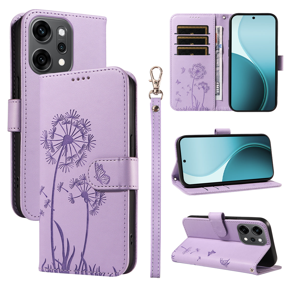 For Oppo Reno14 Pro 5G (China) / Oppo Reno14 Pro 5G (Global) Leather Wallet Case with Strap Dandelion Imprint Phone Stand Cover - Purple