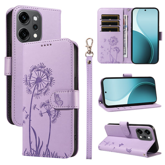 For Oppo Reno14 Pro 5G (China) / Oppo Reno14 Pro 5G (Global) Leather Wallet Case with Strap Dandelion Imprint Phone Stand Cover - Purple