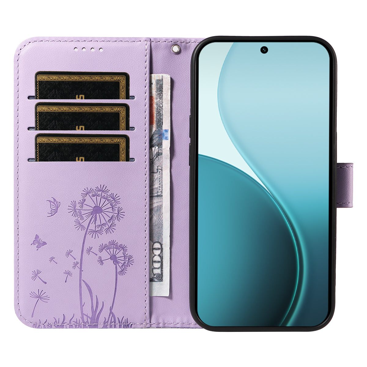 For Oppo Reno14 Pro 5G (China) / Oppo Reno14 Pro 5G (Global) Leather Wallet Case with Strap Dandelion Imprint Phone Stand Cover - Purple