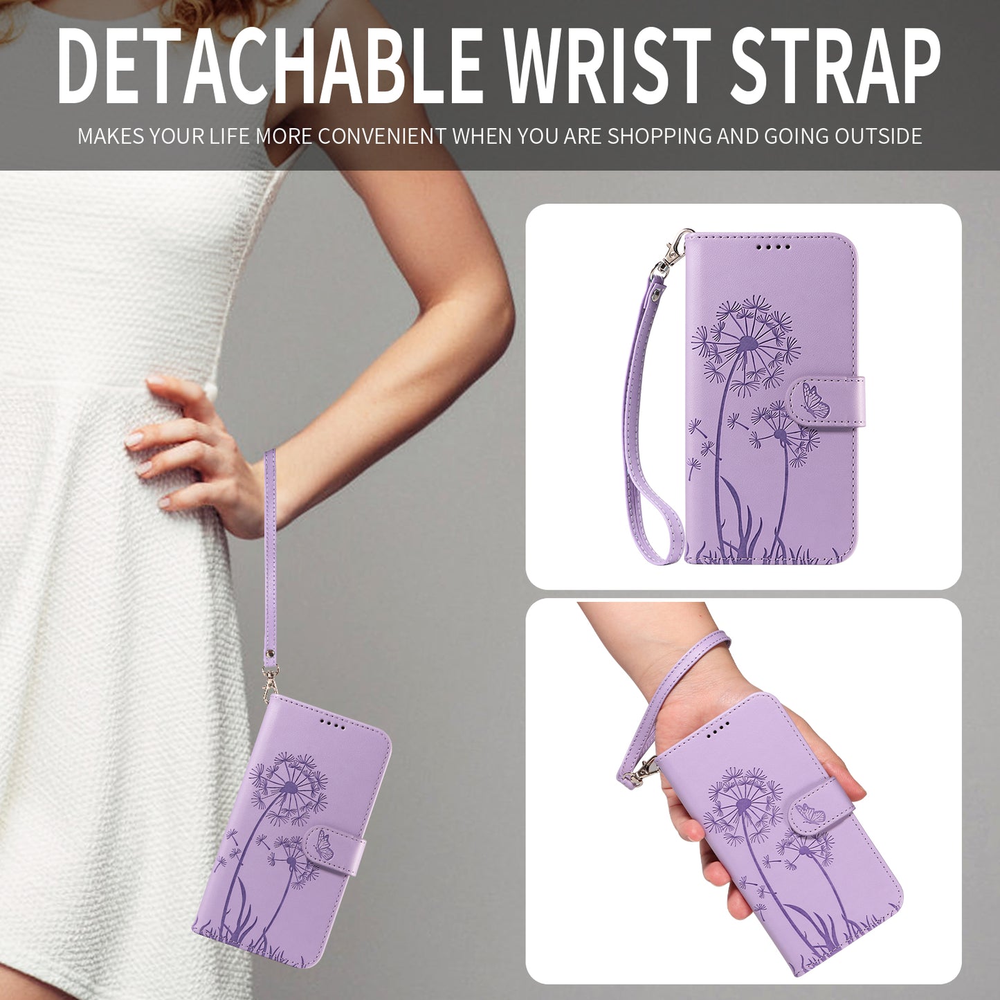 For Oppo Reno14 Pro 5G (China) / Oppo Reno14 Pro 5G (Global) Leather Wallet Case with Strap Dandelion Imprint Phone Stand Cover - Purple