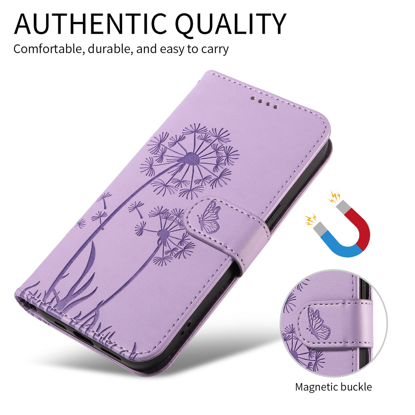 For Oppo Reno14 Pro 5G (China) / Oppo Reno14 Pro 5G (Global) Leather Wallet Case with Strap Dandelion Imprint Phone Stand Cover - Purple
