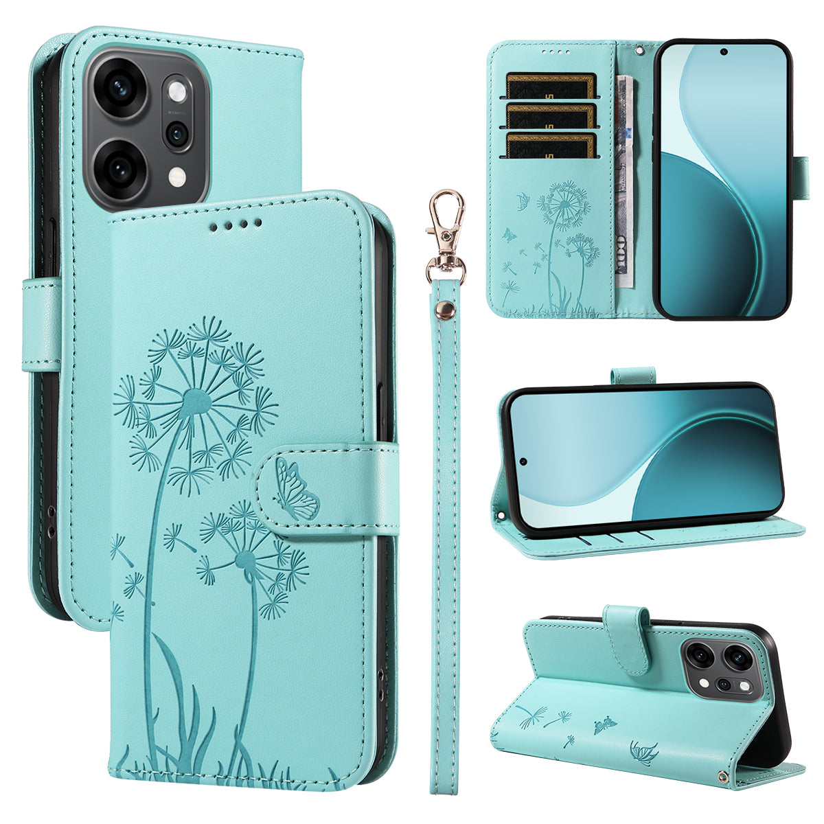 For Oppo Reno14 Pro 5G (China) / Oppo Reno14 Pro 5G (Global) Leather Wallet Case with Strap Dandelion Imprint Phone Stand Cover - Green