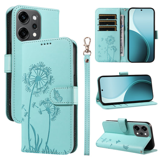 For Oppo Reno14 Pro 5G (China) / Oppo Reno14 Pro 5G (Global) Leather Wallet Case with Strap Dandelion Imprint Phone Stand Cover - Green