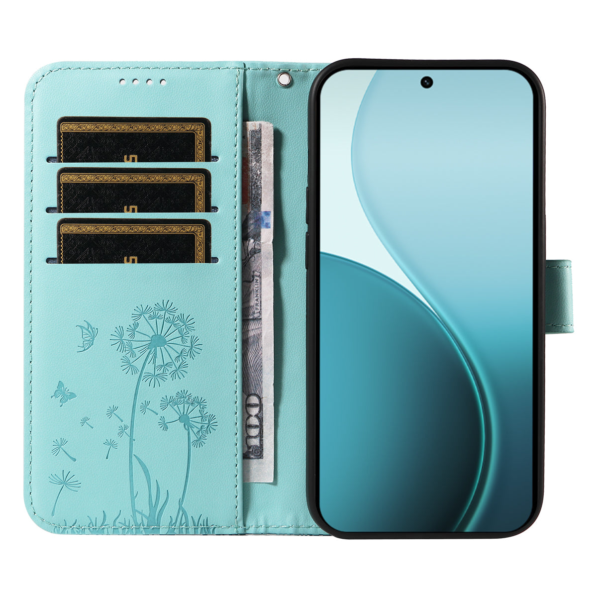 For Oppo Reno14 Pro 5G (China) / Oppo Reno14 Pro 5G (Global) Leather Wallet Case with Strap Dandelion Imprint Phone Stand Cover - Green