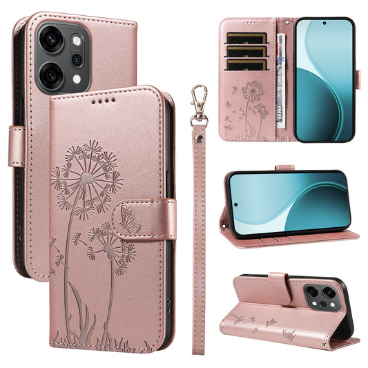 For Oppo Reno14 Pro 5G (China) / Oppo Reno14 Pro 5G (Global) Leather Wallet Case with Strap Dandelion Imprint Phone Stand Cover - Rose Gold