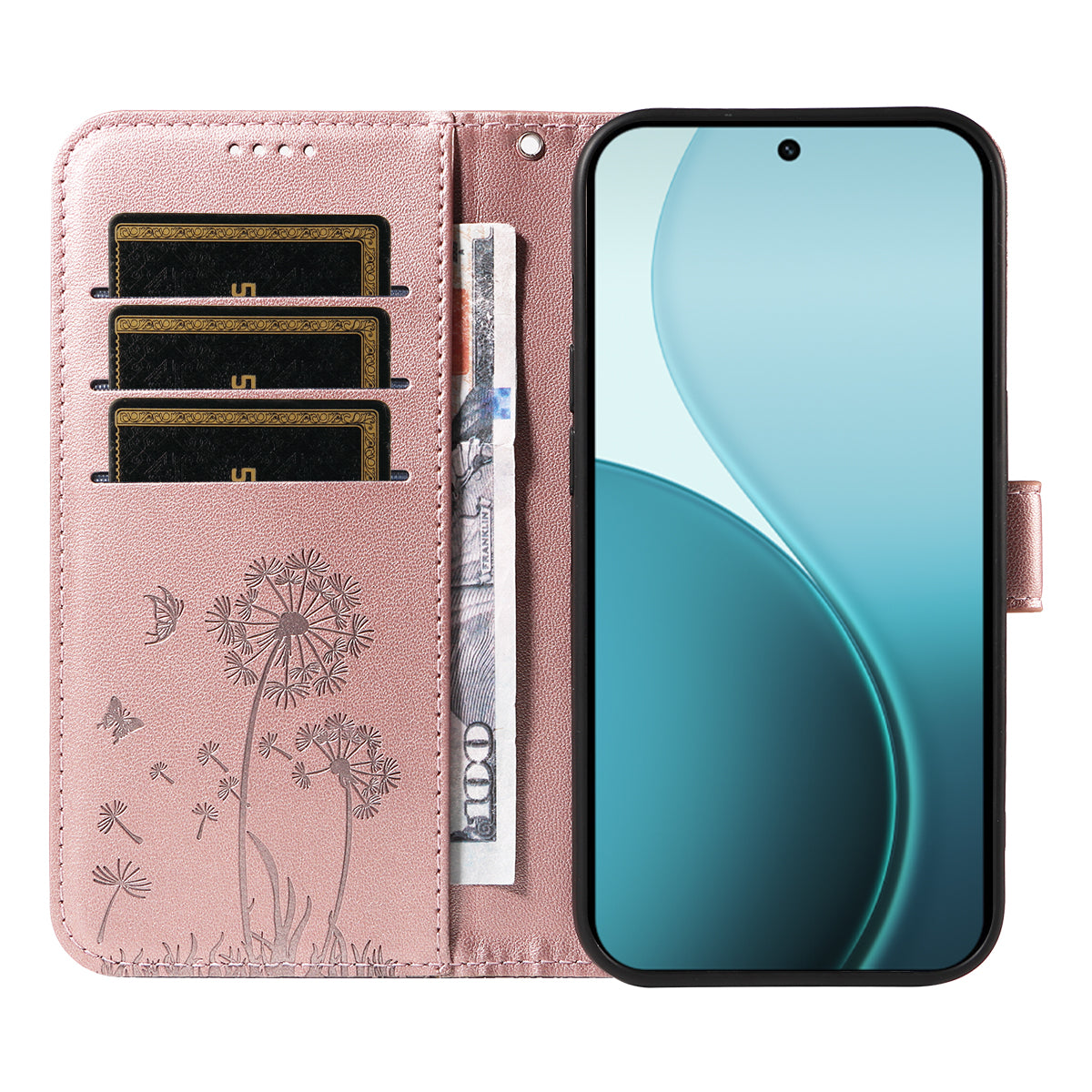 For Oppo Reno14 Pro 5G (China) / Oppo Reno14 Pro 5G (Global) Leather Wallet Case with Strap Dandelion Imprint Phone Stand Cover - Rose Gold