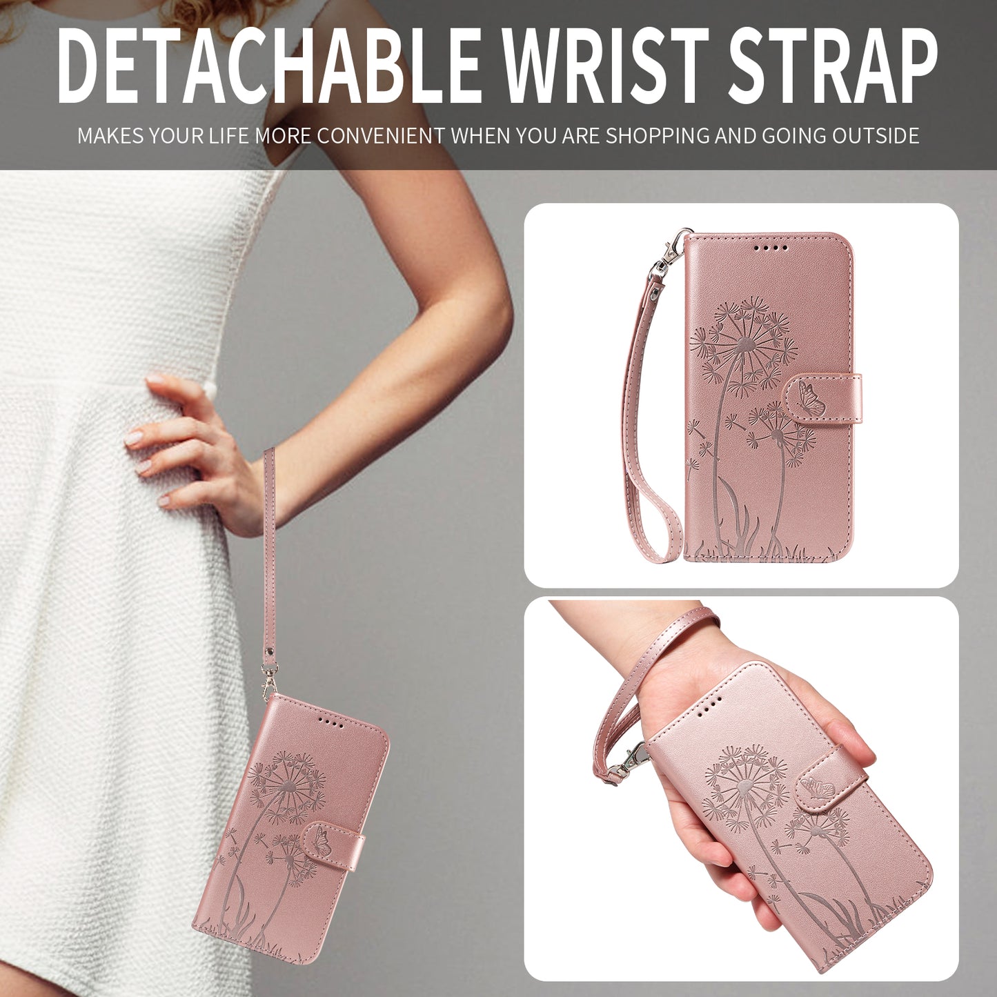 For Oppo Reno14 Pro 5G (China) / Oppo Reno14 Pro 5G (Global) Leather Wallet Case with Strap Dandelion Imprint Phone Stand Cover - Rose Gold