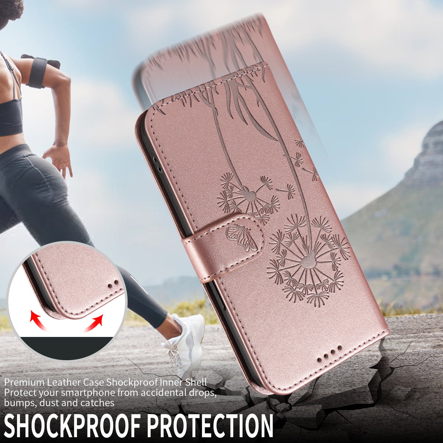 For Oppo Reno14 Pro 5G (China) / Oppo Reno14 Pro 5G (Global) Leather Wallet Case with Strap Dandelion Imprint Phone Stand Cover - Rose Gold