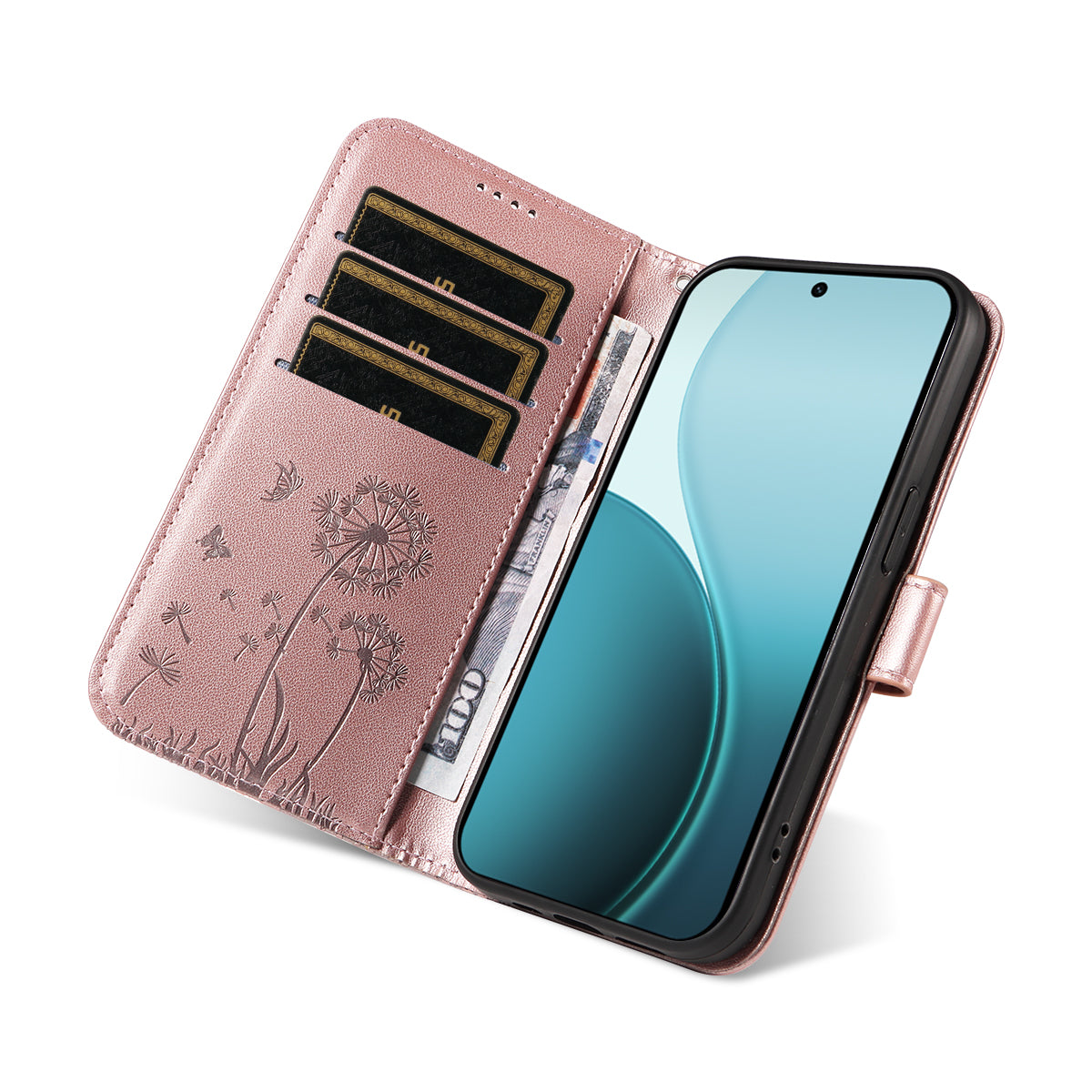 For Oppo Reno14 Pro 5G (China) / Oppo Reno14 Pro 5G (Global) Leather Wallet Case with Strap Dandelion Imprint Phone Stand Cover - Rose Gold