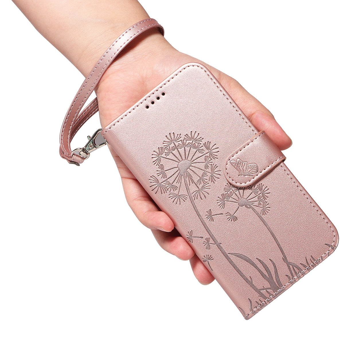 For Oppo Reno14 Pro 5G (China) / Oppo Reno14 Pro 5G (Global) Leather Wallet Case with Strap Dandelion Imprint Phone Stand Cover - Rose Gold