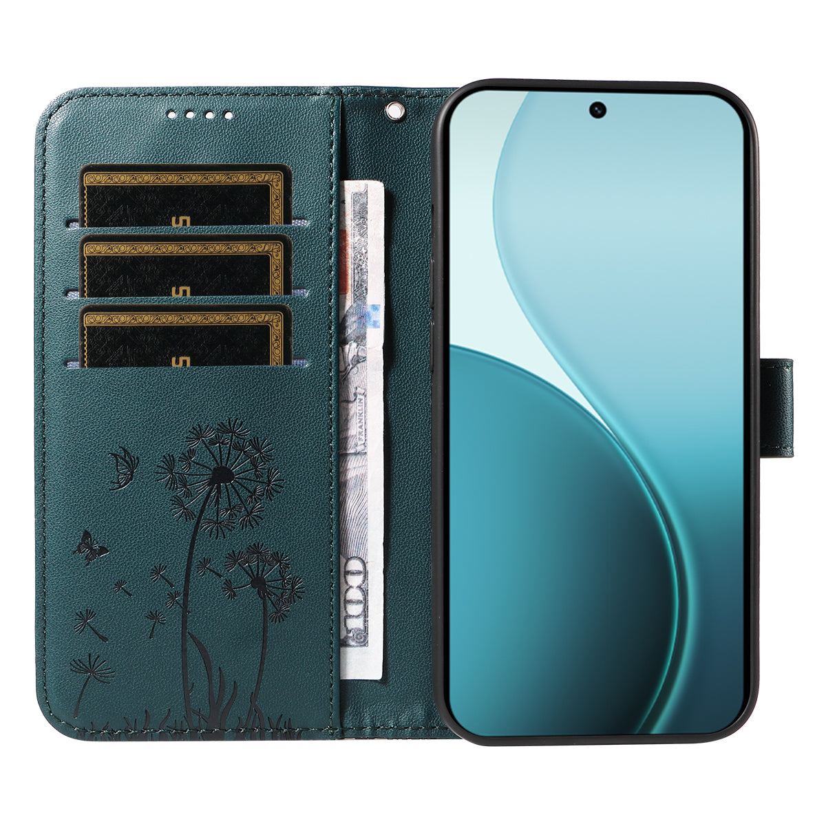 For Oppo Reno14 Pro 5G (China) / Oppo Reno14 Pro 5G (Global) Leather Wallet Case with Strap Dandelion Imprint Phone Stand Cover - Blue