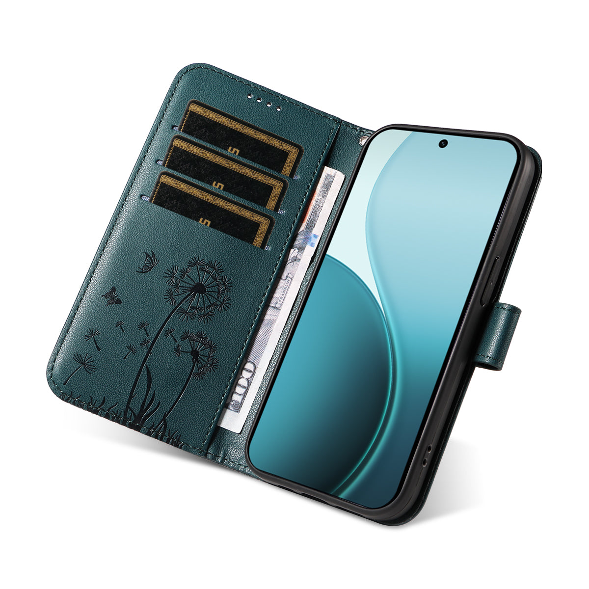 For Oppo Reno14 Pro 5G (China) / Oppo Reno14 Pro 5G (Global) Leather Wallet Case with Strap Dandelion Imprint Phone Stand Cover - Blue