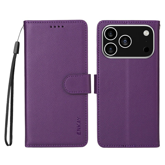 ENKAY HAT PRINCE For iPhone 17 Pro Max Wallet Case with Strap RFID Blocking Leather Stand Phone Cover - Purple