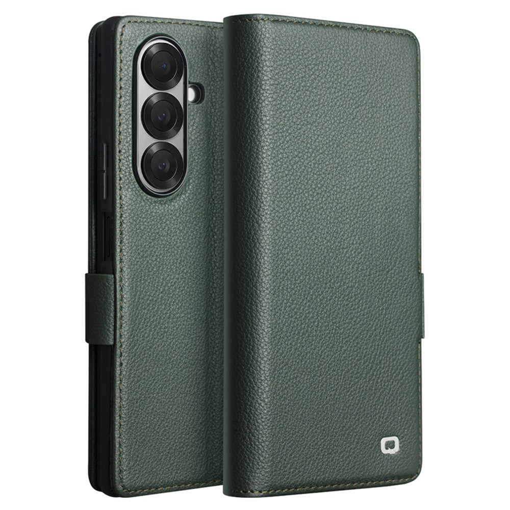 QIALINO For Samsung Galaxy Z Fold7 5G Case with Card Holder Genuine Cow Leather Stand Phone Cover - Green