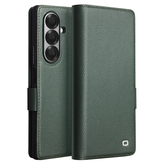 QIALINO For Samsung Galaxy Z Fold7 5G Case with Card Holder Genuine Cow Leather Stand Phone Cover - Green
