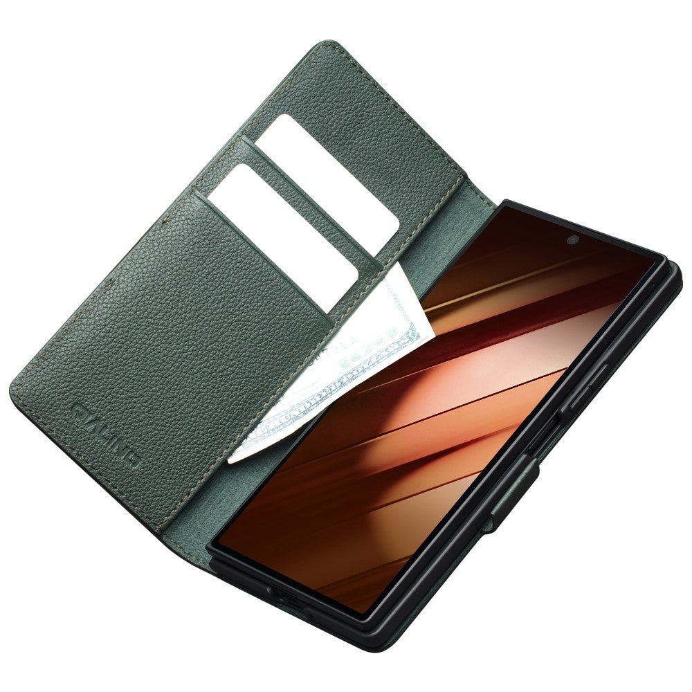 QIALINO For Samsung Galaxy Z Fold7 5G Case with Card Holder Genuine Cow Leather Stand Phone Cover - Green