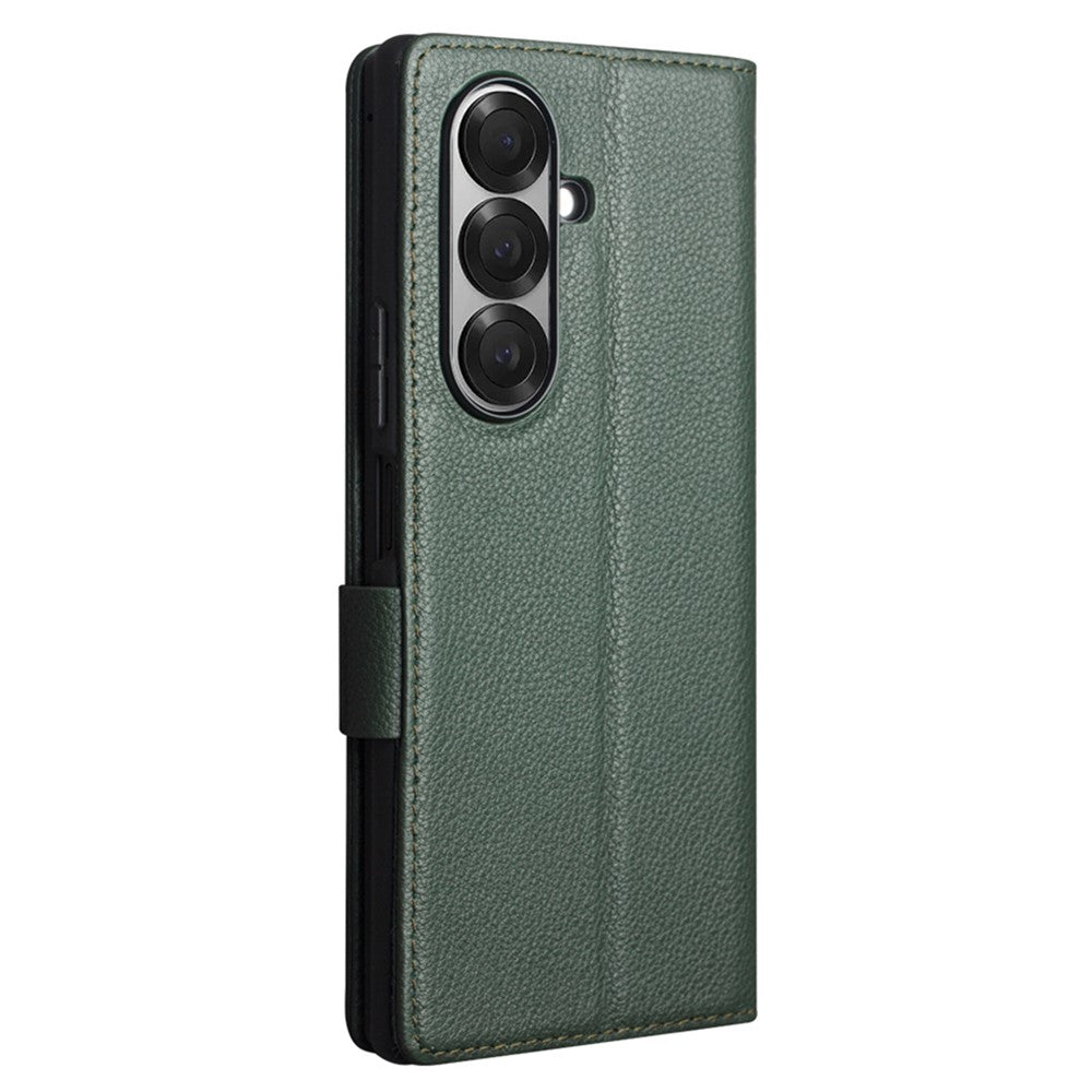 QIALINO For Samsung Galaxy Z Fold7 5G Case with Card Holder Genuine Cow Leather Stand Phone Cover - Green