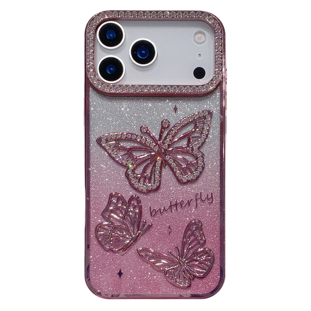 For iPhone 17 Pro Max Case Rhinestone Butterfly Decor TPU Phone Back Cover - Pink
