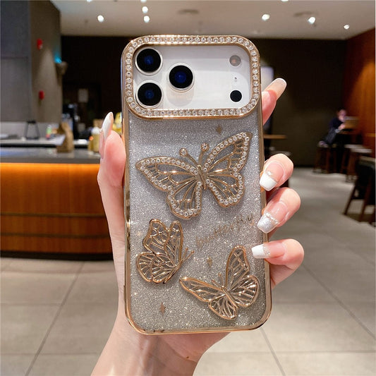 For iPhone 17 Pro Max Case Rhinestone Butterfly Decor TPU Phone Back Cover - Gold