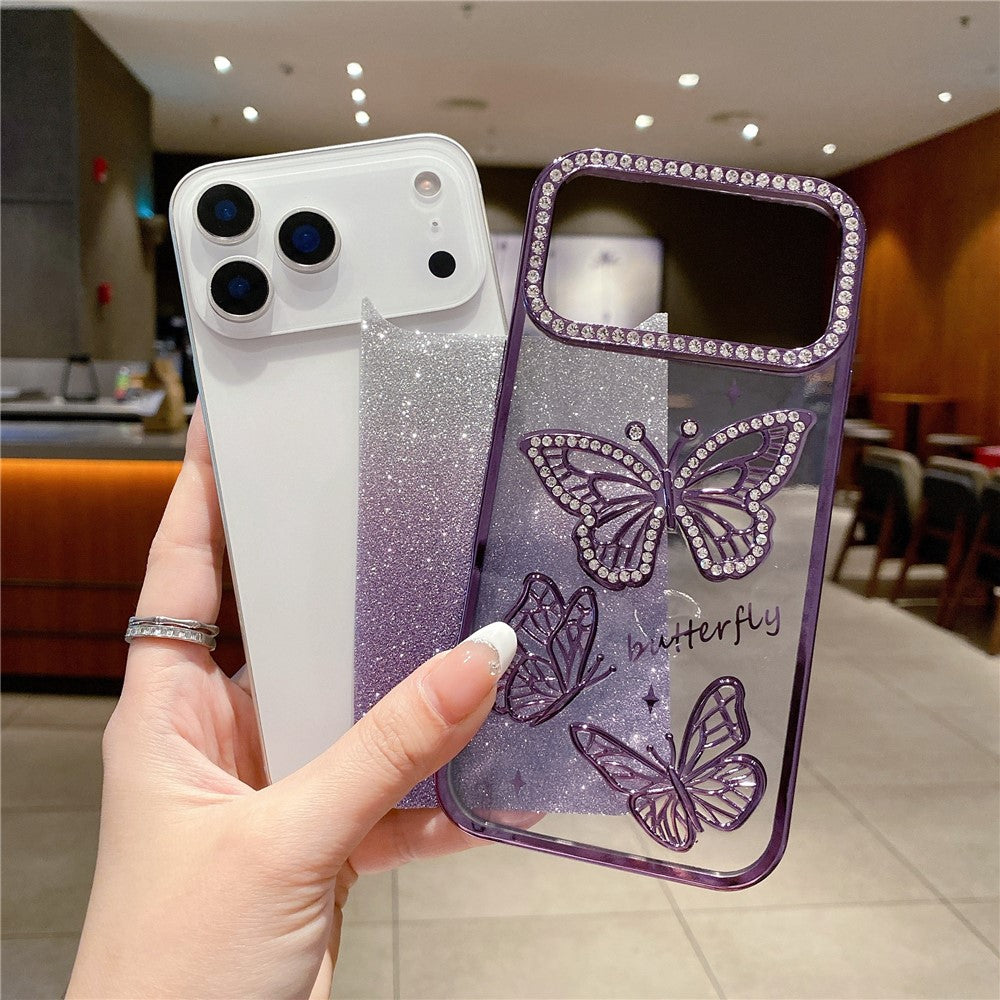For iPhone 17 Pro Max Case Rhinestone Butterfly Decor TPU Phone Back Cover - Gold